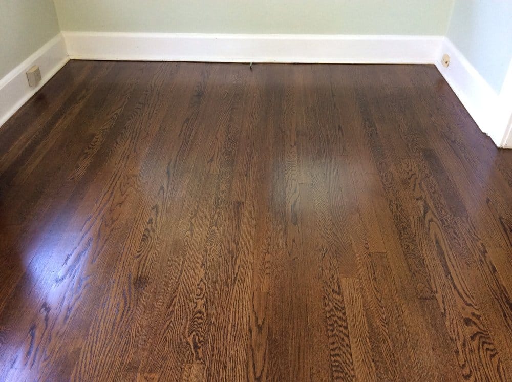 Dark walnut stained hardwood floor with satin finish