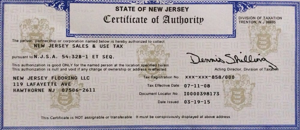 State of New Jersey Certificate of Authority